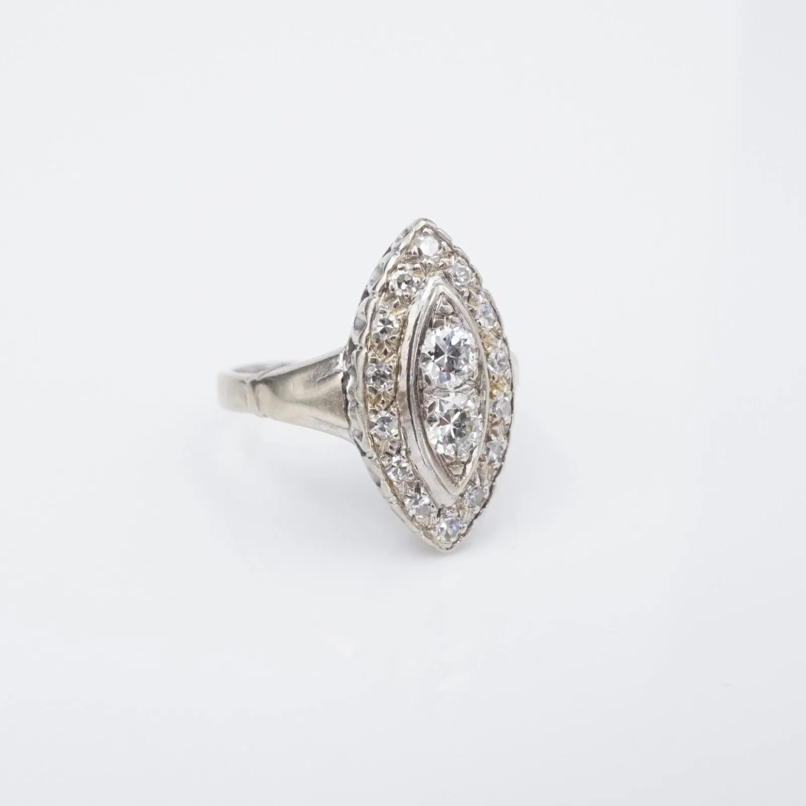 Antique 14k Diamond Navette Ring White Gold Art Deco Size 4 RG4095