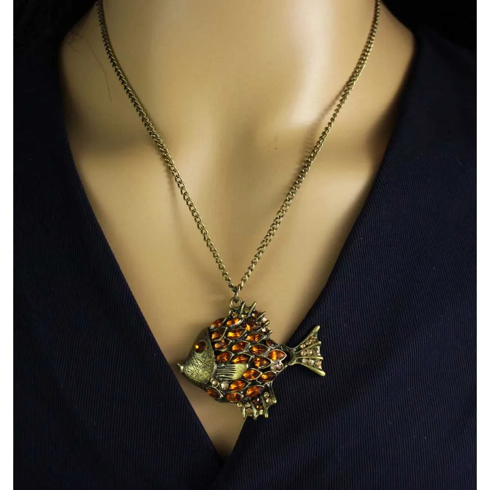 Antique Brown Crystal Angelfish Pendant on Gold Chain - PT517