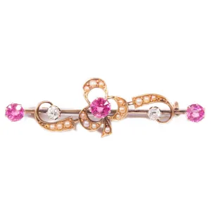 Antique Diamond & Ruby & Pearl Brooch in 18ct