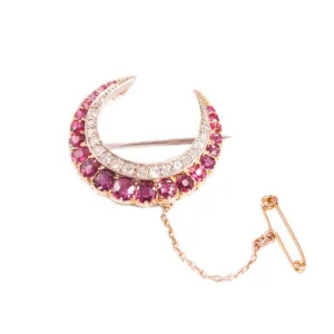 Antique Ruby & Diamond Crescent Brooch in 15ct
