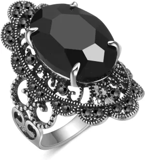 Black Retro Marcasite Rings for Women, Fashion Cocktail Statement Rings Costume Vintage Crystal Big Onyx Stone Rings Jewelry for Her
