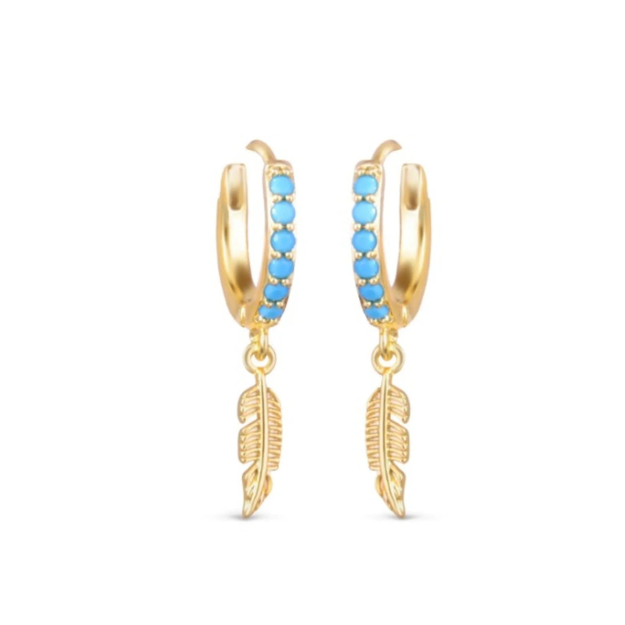 Blue Stone Huggie with Feather Droplet Earrings
