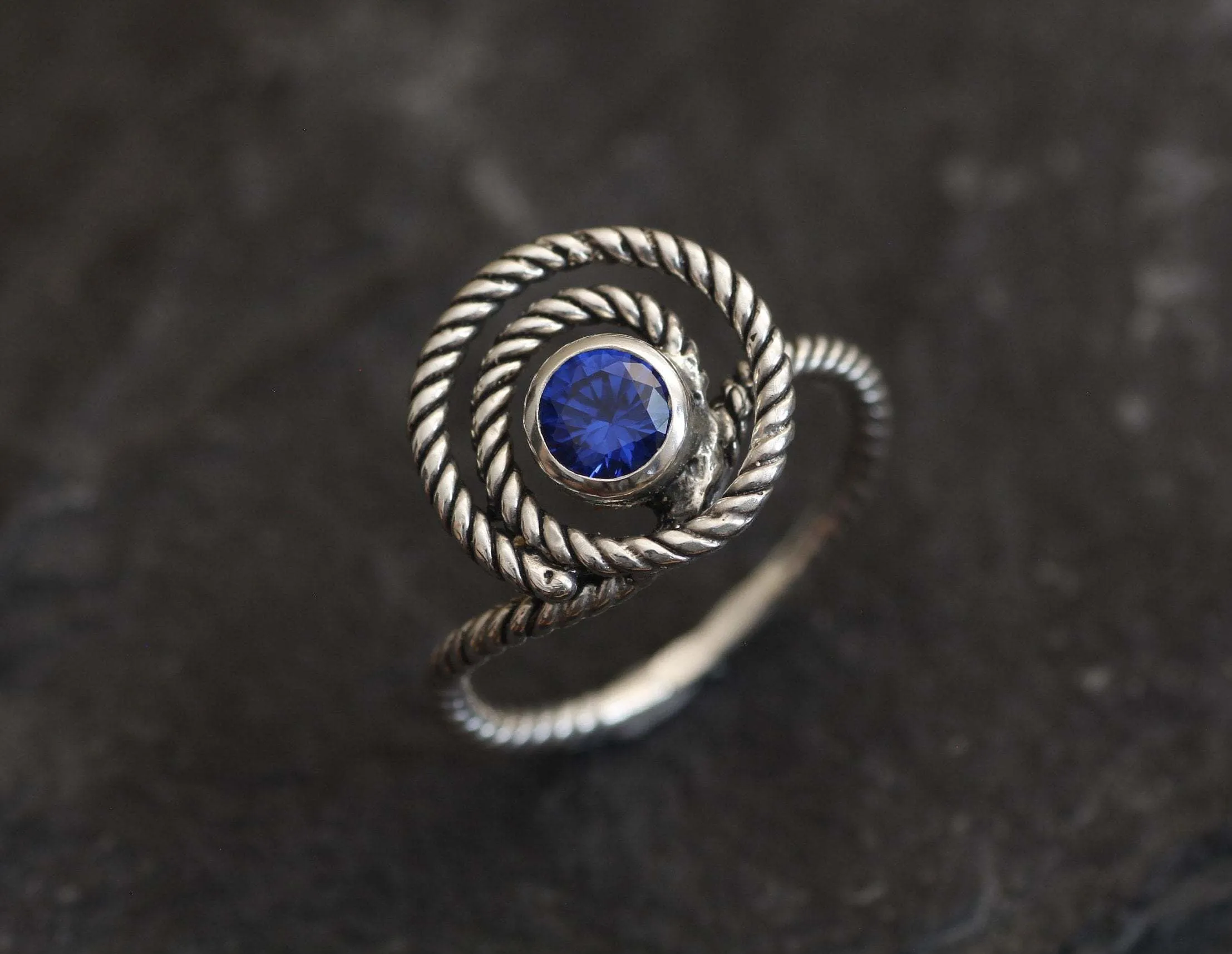 Blue Swirl Ring - Spiral Sapphire Ring, Large Swirl Ring