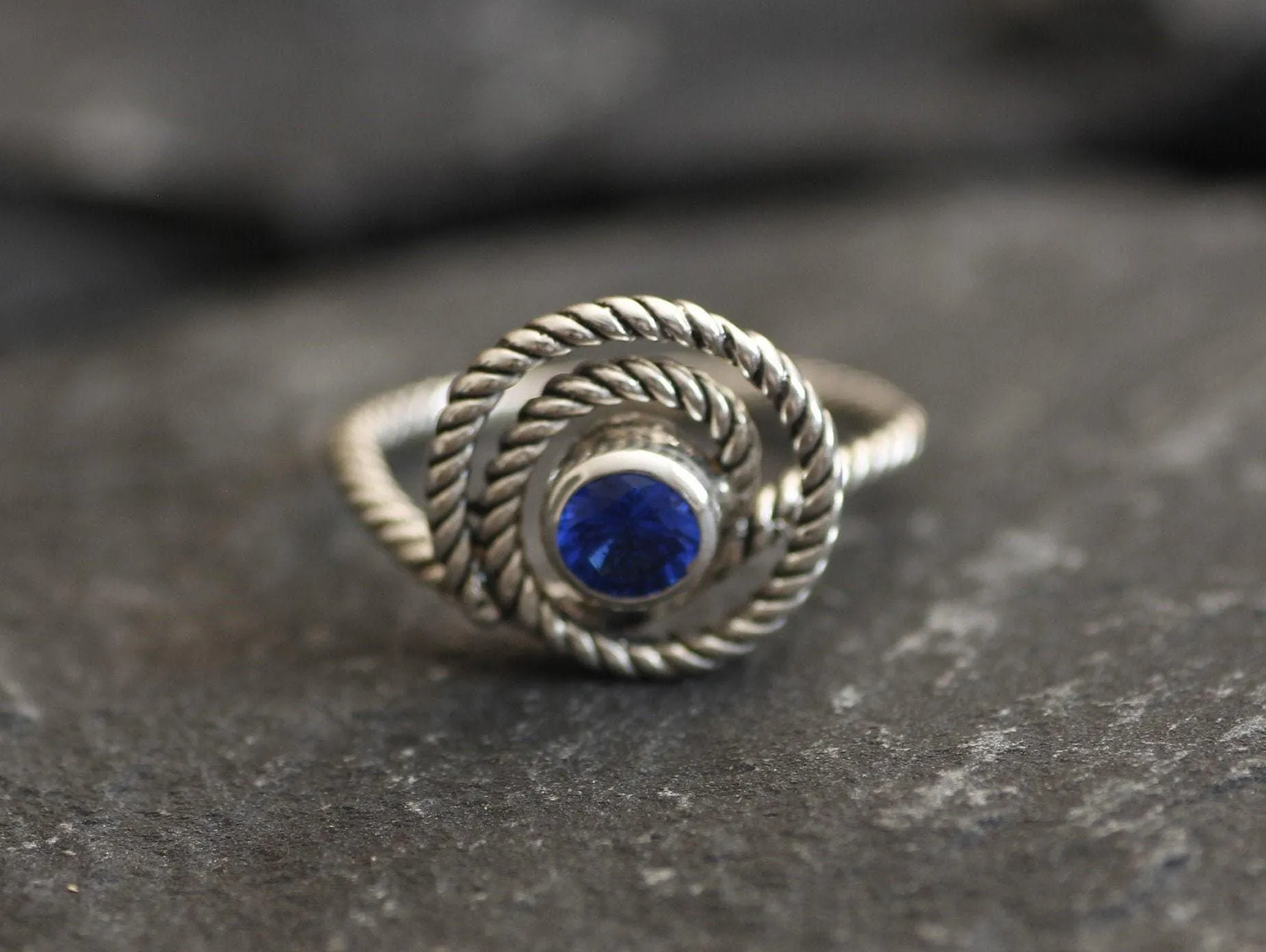 Blue Swirl Ring - Spiral Sapphire Ring, Large Swirl Ring
