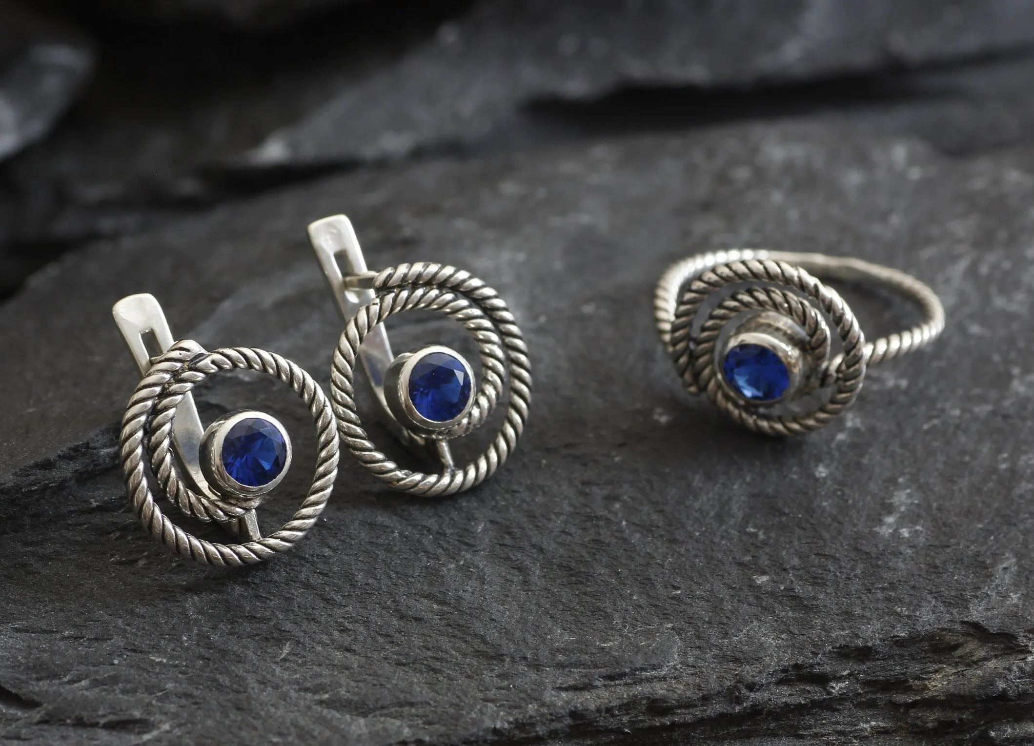 Blue Swirl Ring - Spiral Sapphire Ring, Large Swirl Ring