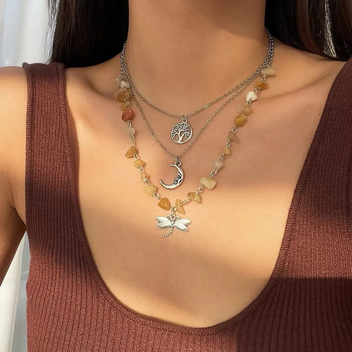 Bohemian 3pcs/Set Tree of Life Moon Dragonfly Gemstone Pendant Necklace