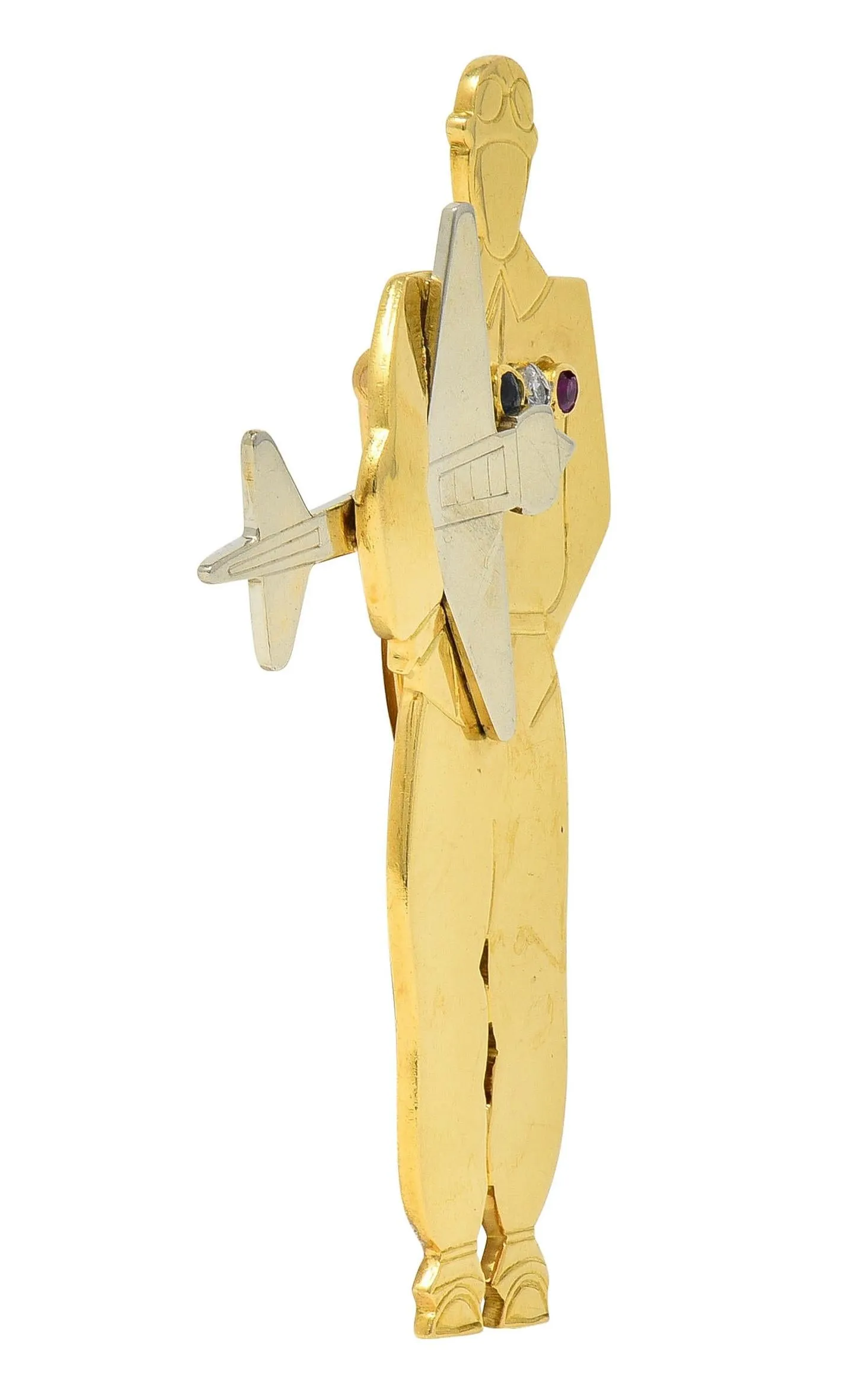 Boucheron Paris French Sapphire Diamond Ruby 18 Karat Two-Tone Gold Vintage WW2 Pilot Plane Brooch
