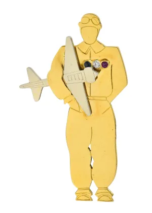 Boucheron Paris French Sapphire Diamond Ruby 18 Karat Two-Tone Gold Vintage WW2 Pilot Plane Brooch