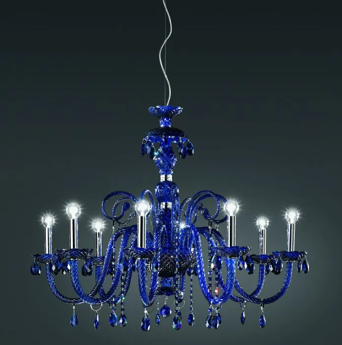 Clear, Blue, Or Green Crystal & Glass Chandelier