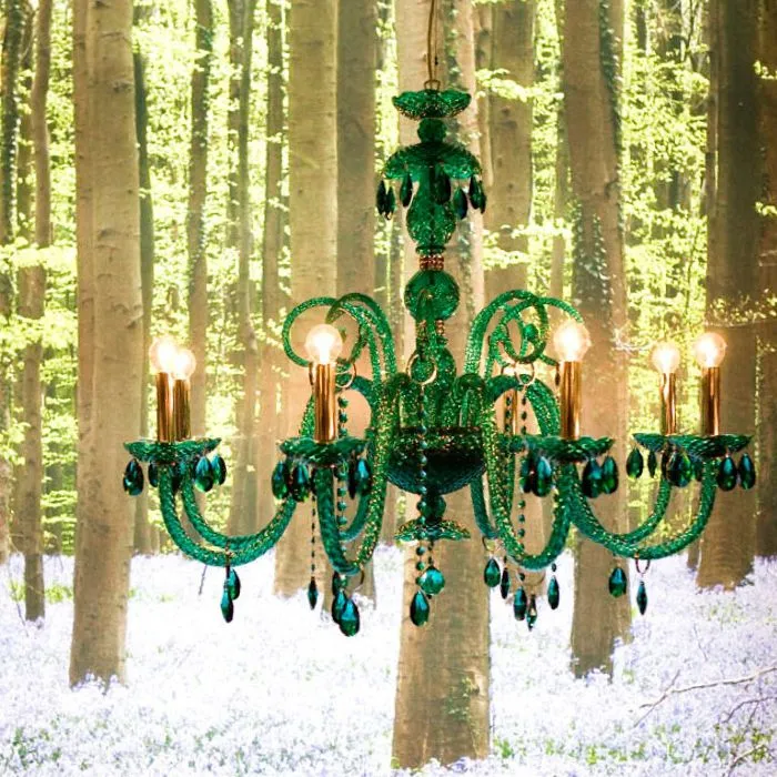 Clear, Blue, Or Green Crystal & Glass Chandelier