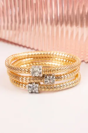 Crystal Avenue Textured Weave Chain & Rhinestone Goldtone Bracelet Set