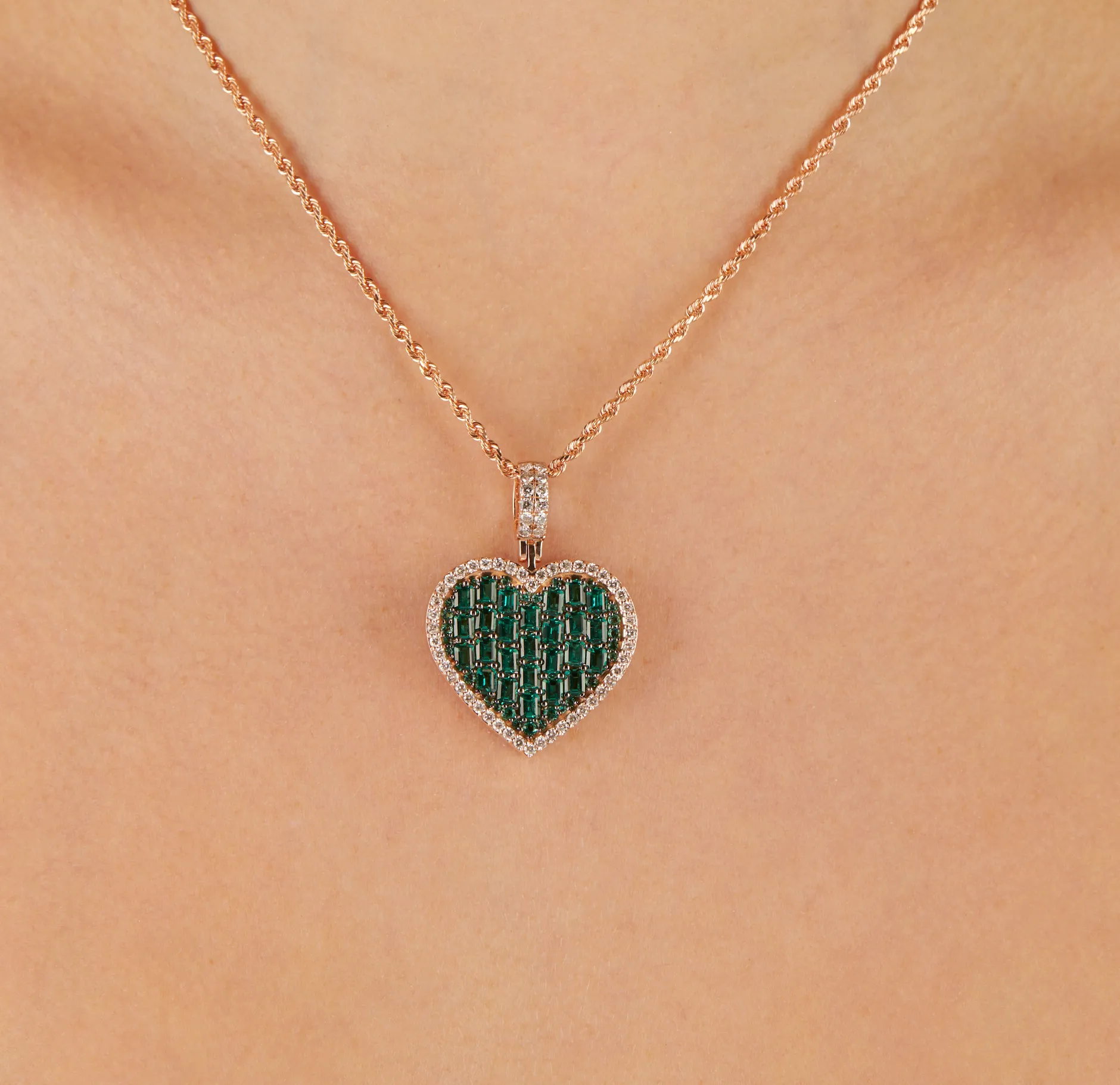 Diamond & Green Emerald Heart Pendant