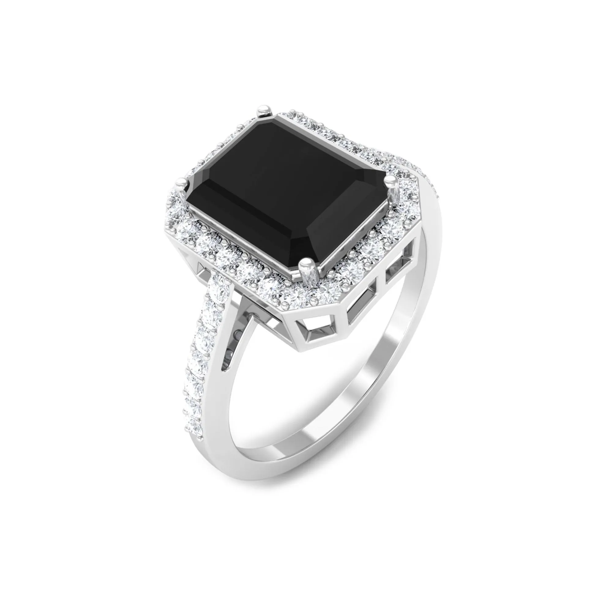 Emerald Cut Lab Created Black Diamond Halo Engagement Ring