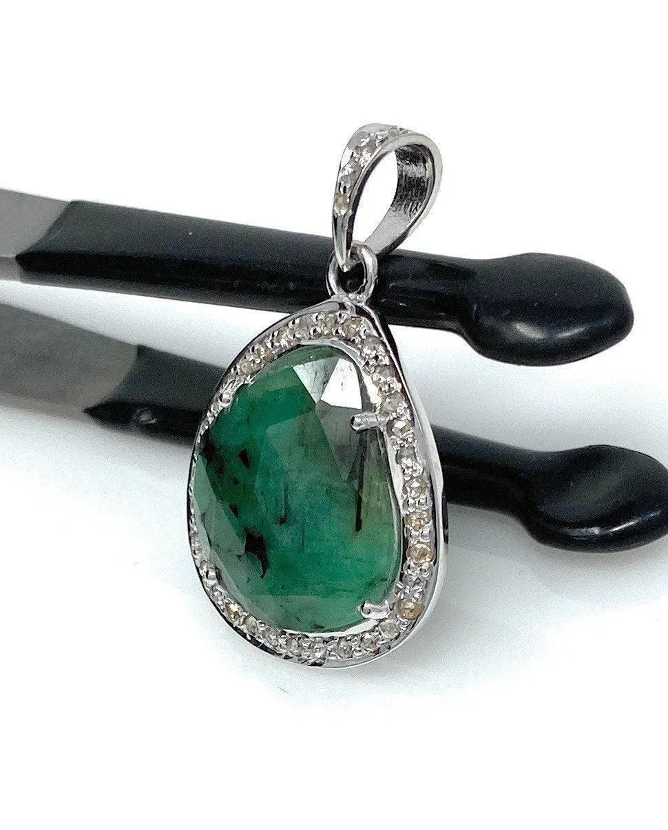 Emerald Diamond Pendant, Natural Emerald Sterling Silver Pendant, May