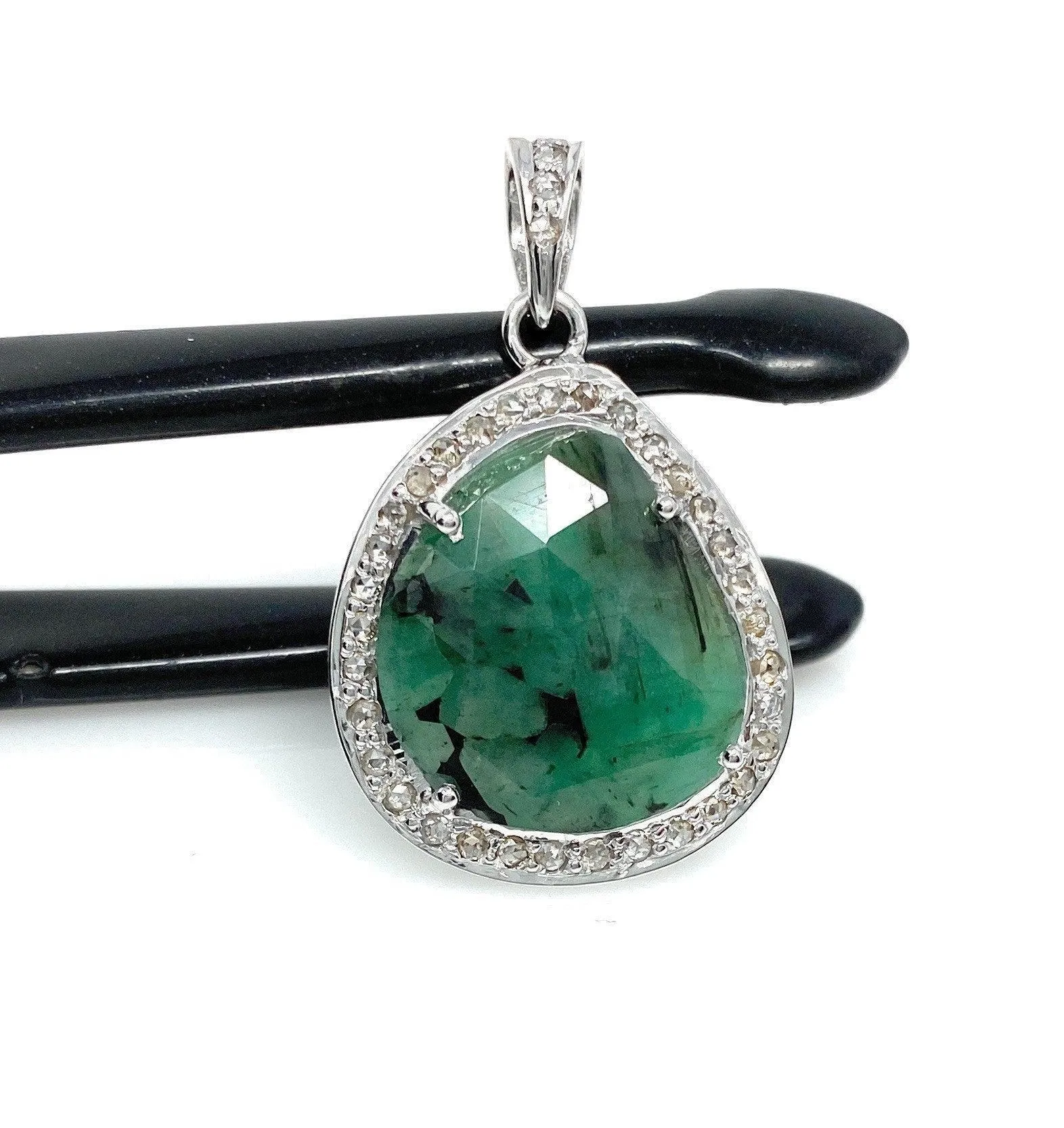 Emerald Diamond Pendant, Natural Emerald Sterling Silver Pendant, May