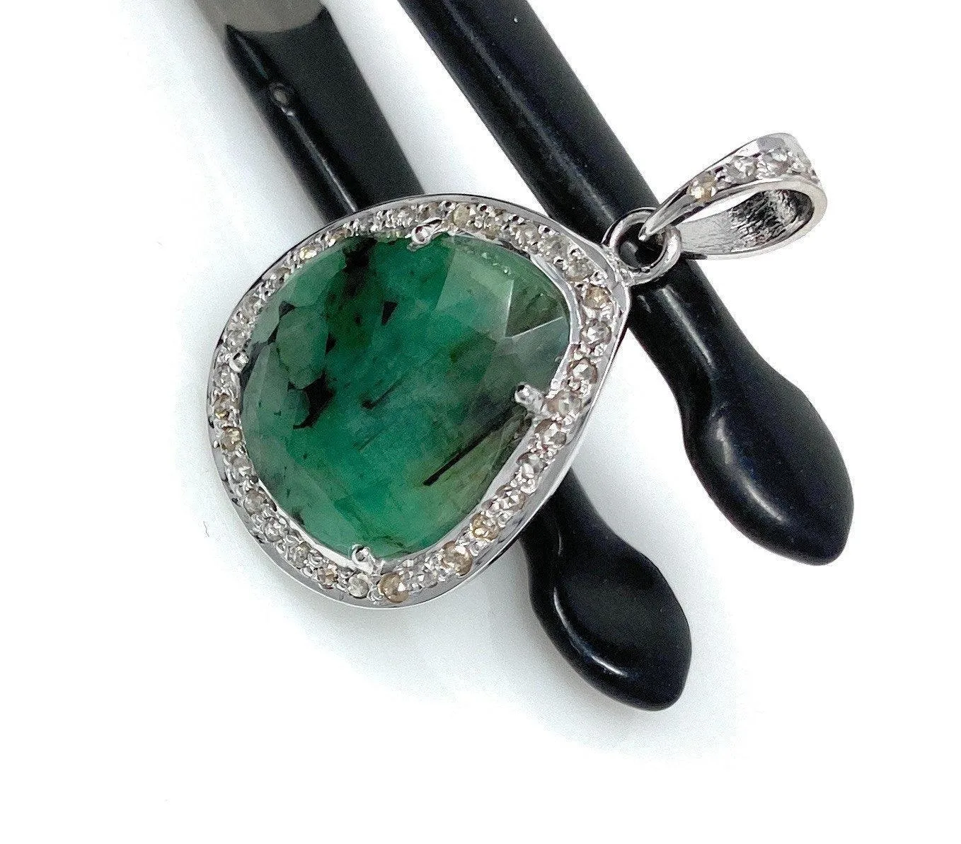 Emerald Diamond Pendant, Natural Emerald Sterling Silver Pendant, May