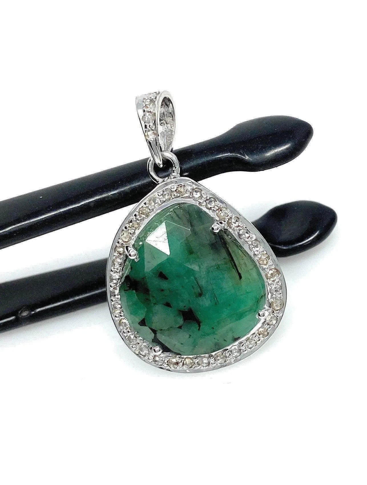 Emerald Diamond Pendant, Natural Emerald Sterling Silver Pendant, May