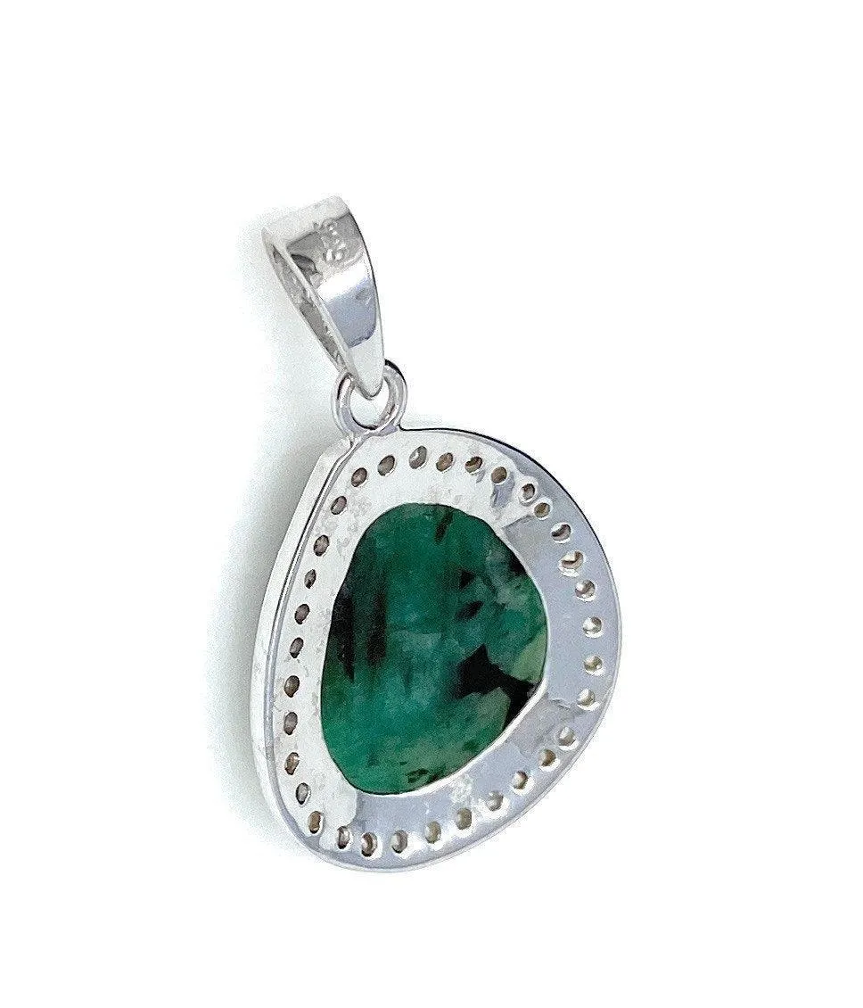 Emerald Diamond Pendant, Natural Emerald Sterling Silver Pendant, May