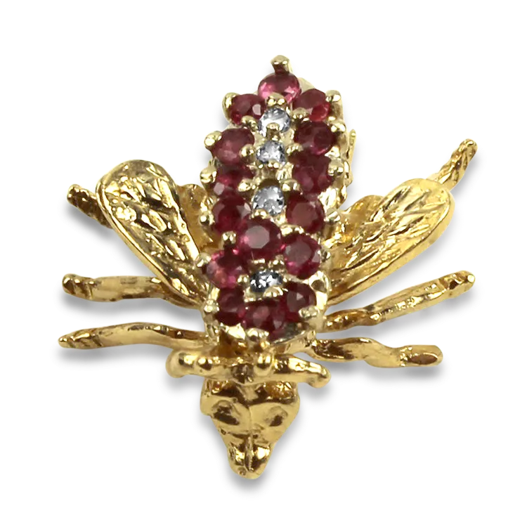 Estate 14K Yellow Gold Ruby & Diamond Fly Pin