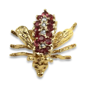 Estate 14K Yellow Gold Ruby & Diamond Fly Pin