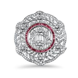 Estate 18K White Gold Diamond & Ruby Brooch/Pendant