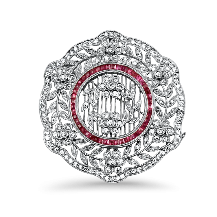 Estate 18K White Gold Diamond & Ruby Brooch/Pendant