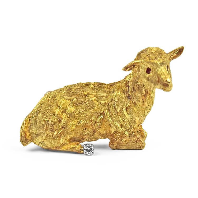 Estate 18k Yellow Gold Lamb Diamond & Ruby Brooch