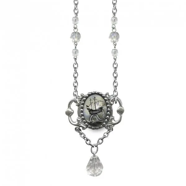 Framed Gem Drop Ship Necklace - Clear Glass Beads