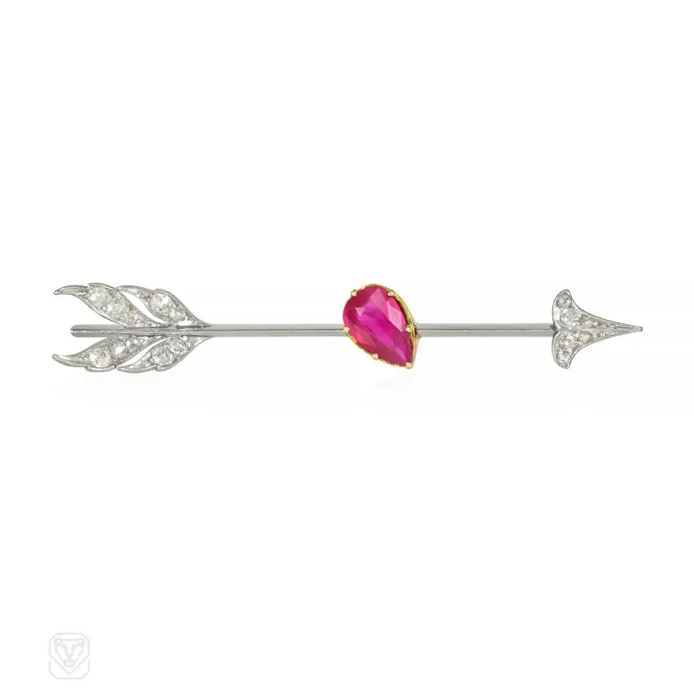 French Art Deco ruby and diamond Cupid's arrow pin