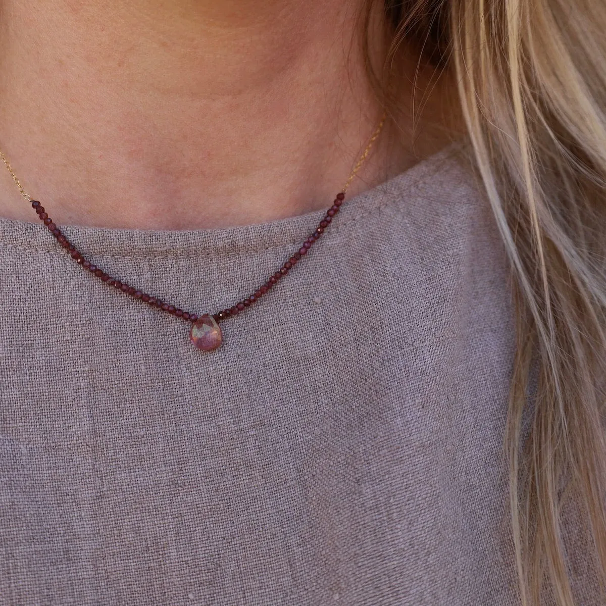 Garnet Arc & Mystic Pink Topaz Briolette Drop Necklace