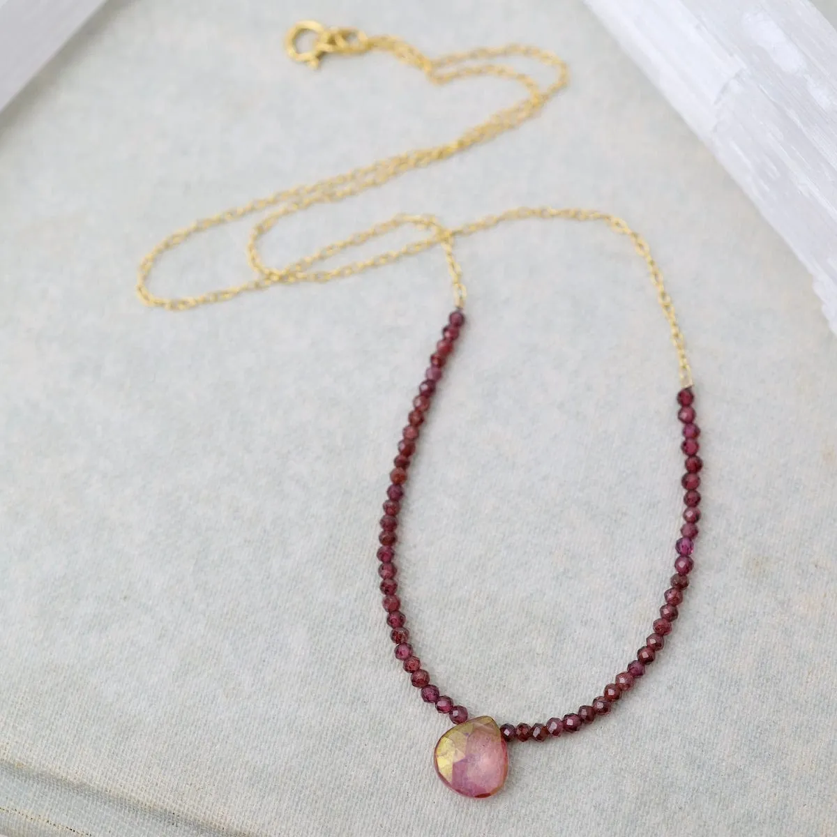Garnet Arc & Mystic Pink Topaz Briolette Drop Necklace