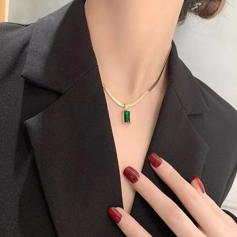 Geometric Crystal Square Stainless Steel Necklace Charm Jewelry NCJT32