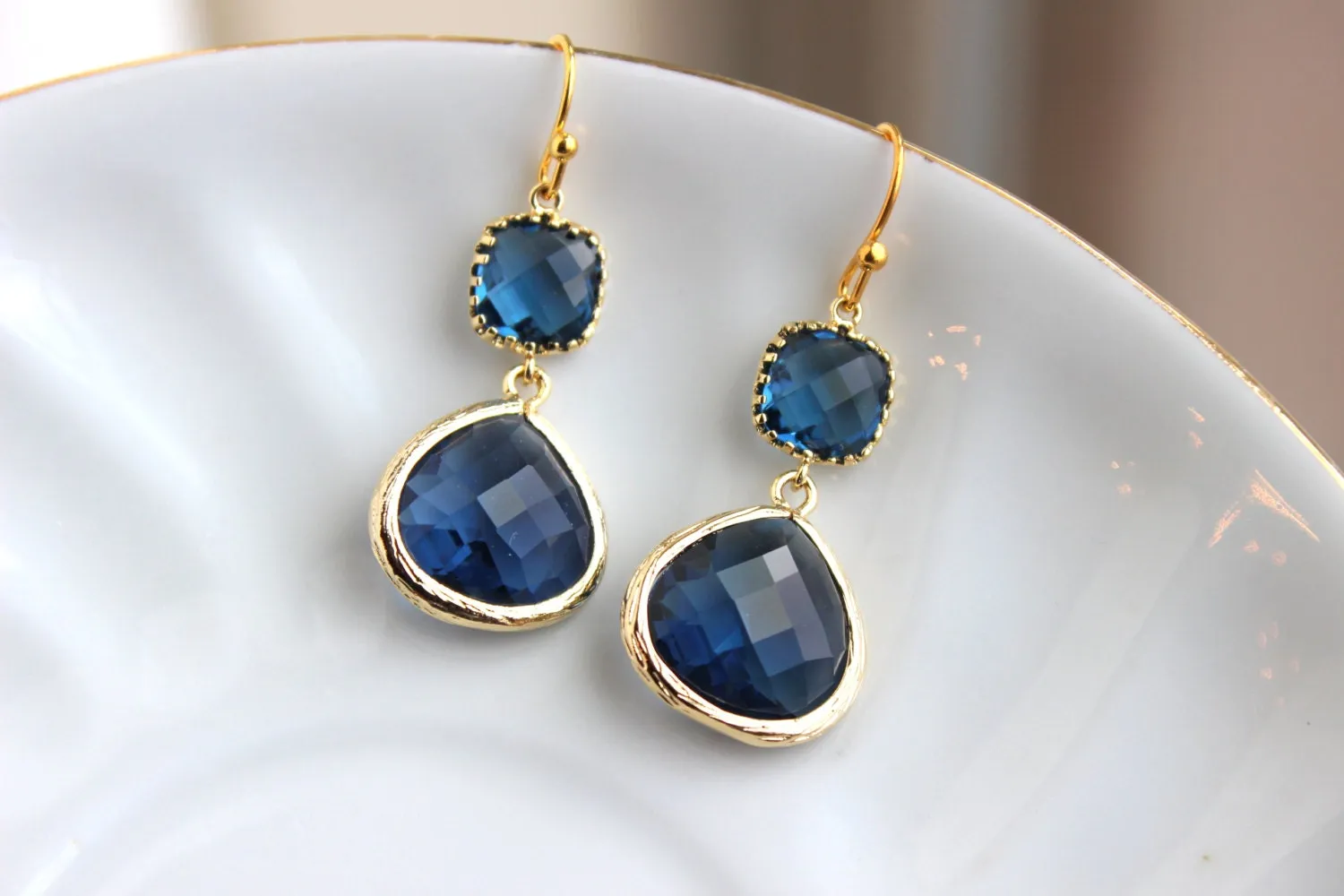 Gold Large Sapphire Earrings Navy Blue Jewelry - Two Tiered Earrings Sapphire Bridesmaid Jewelry - Navy Blue Wedding Jewelry Christmas Gift