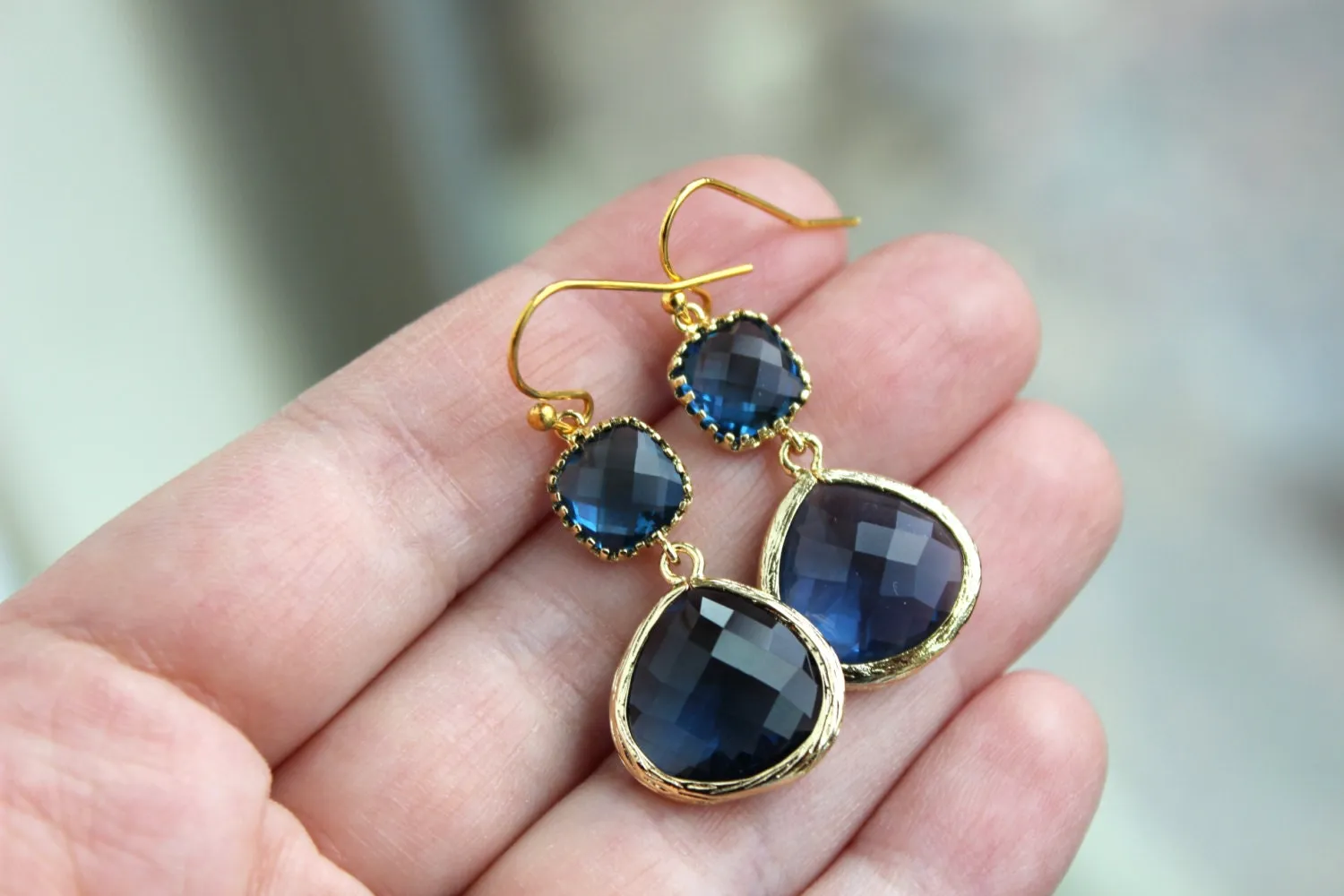 Gold Large Sapphire Earrings Navy Blue Jewelry - Two Tiered Earrings Sapphire Bridesmaid Jewelry - Navy Blue Wedding Jewelry Christmas Gift