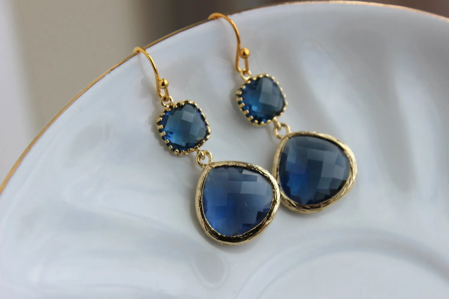 Gold Large Sapphire Earrings Navy Blue Jewelry - Two Tiered Earrings Sapphire Bridesmaid Jewelry - Navy Blue Wedding Jewelry Christmas Gift