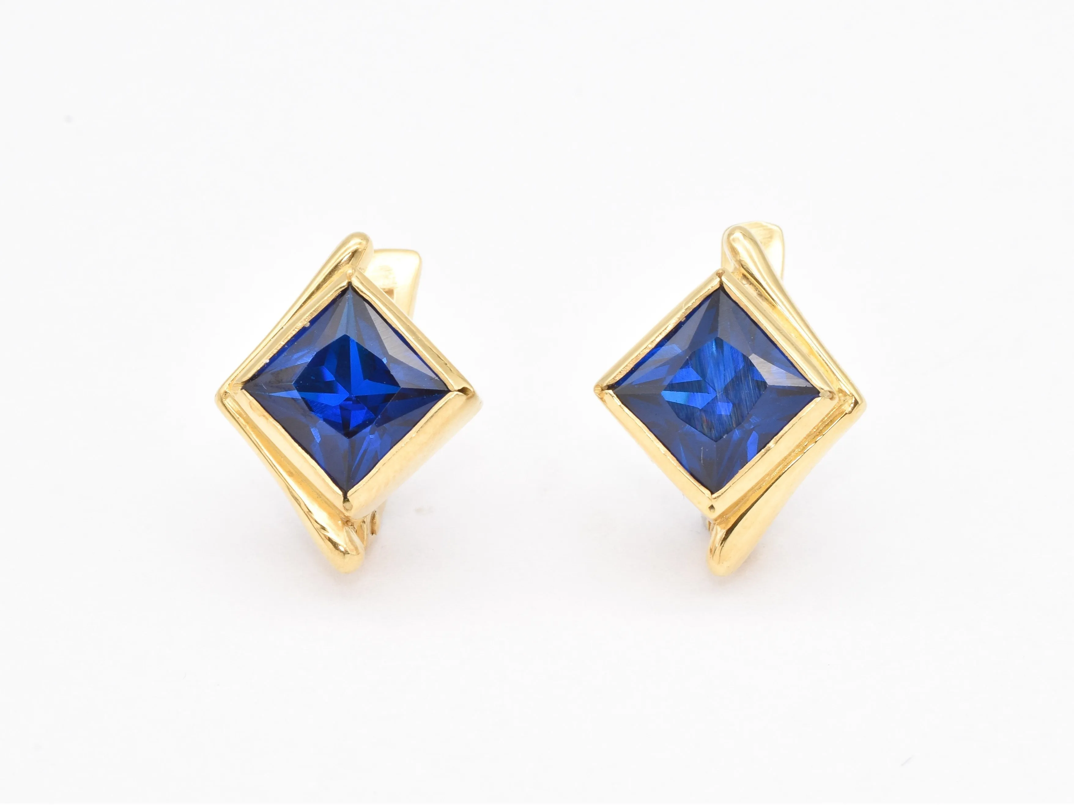 Gold Sapphire Earrings - Blue Square Earrings - Vintage Asymmetric Studs