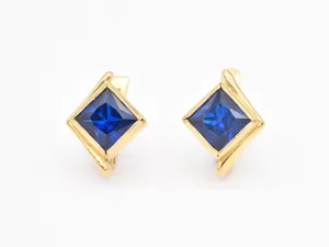 Gold Sapphire Earrings - Blue Square Earrings - Vintage Asymmetric Studs