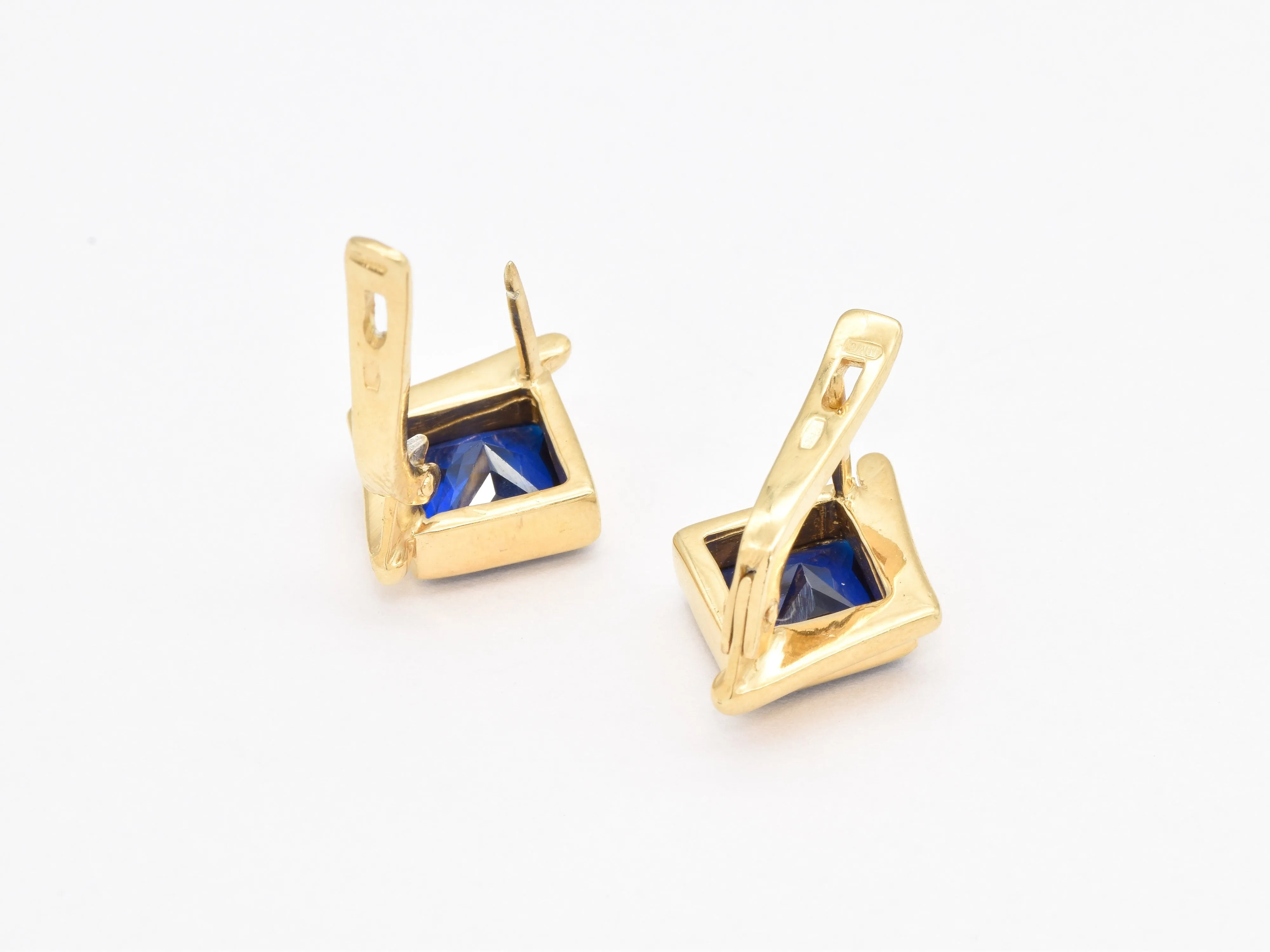 Gold Sapphire Earrings - Blue Square Earrings - Vintage Asymmetric Studs