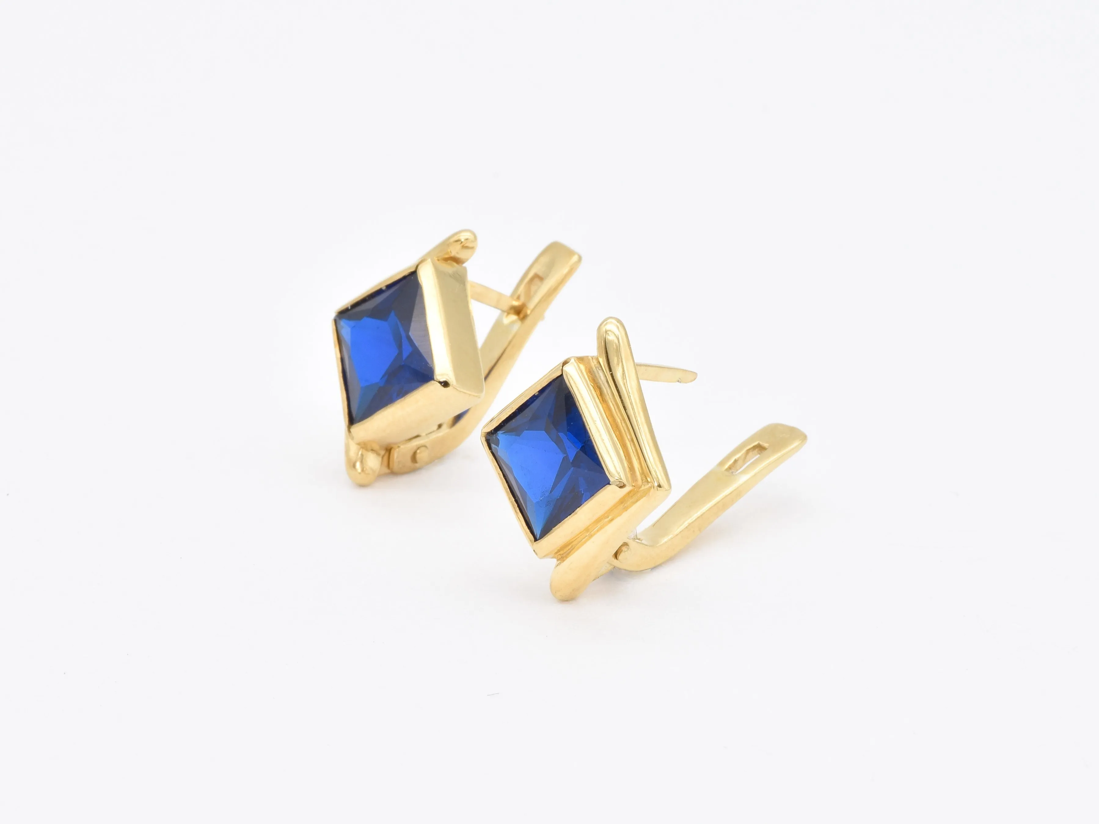 Gold Sapphire Earrings - Blue Square Earrings - Vintage Asymmetric Studs