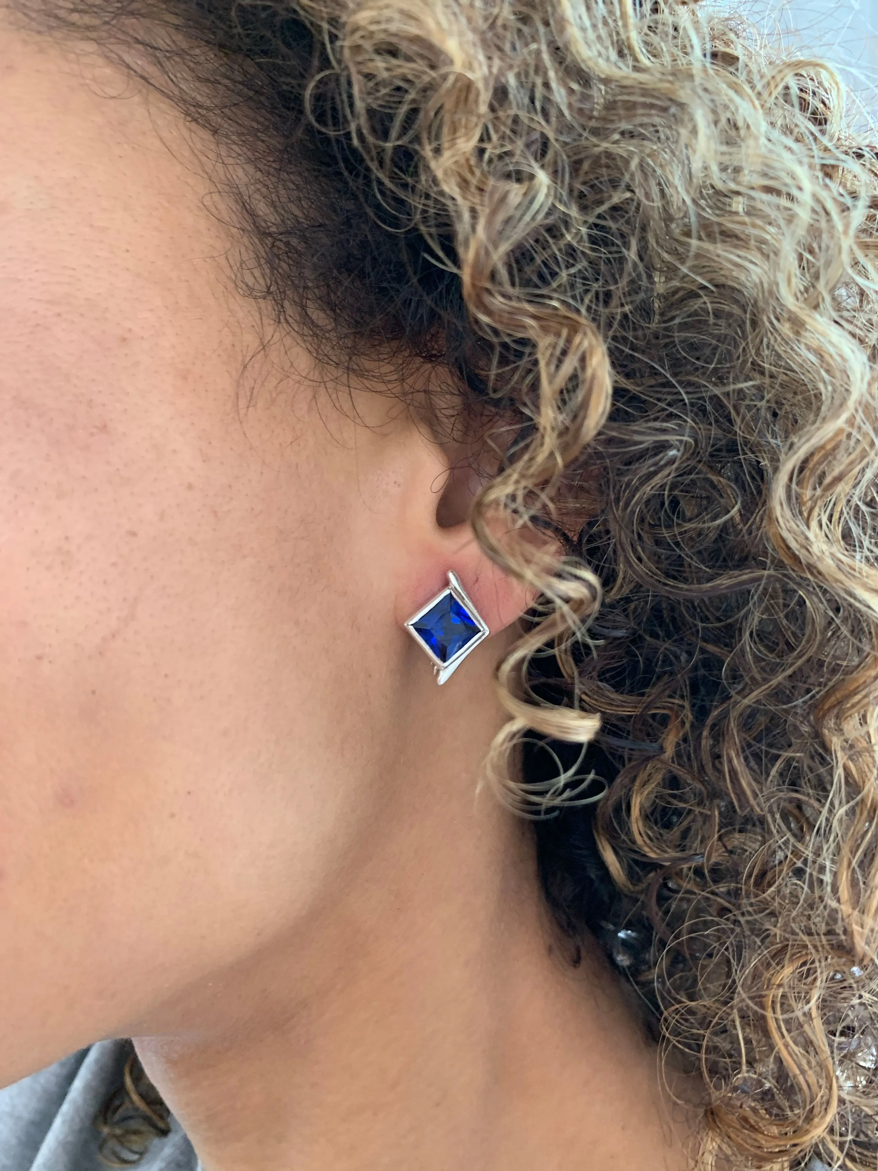 Gold Sapphire Earrings - Blue Square Earrings - Vintage Asymmetric Studs