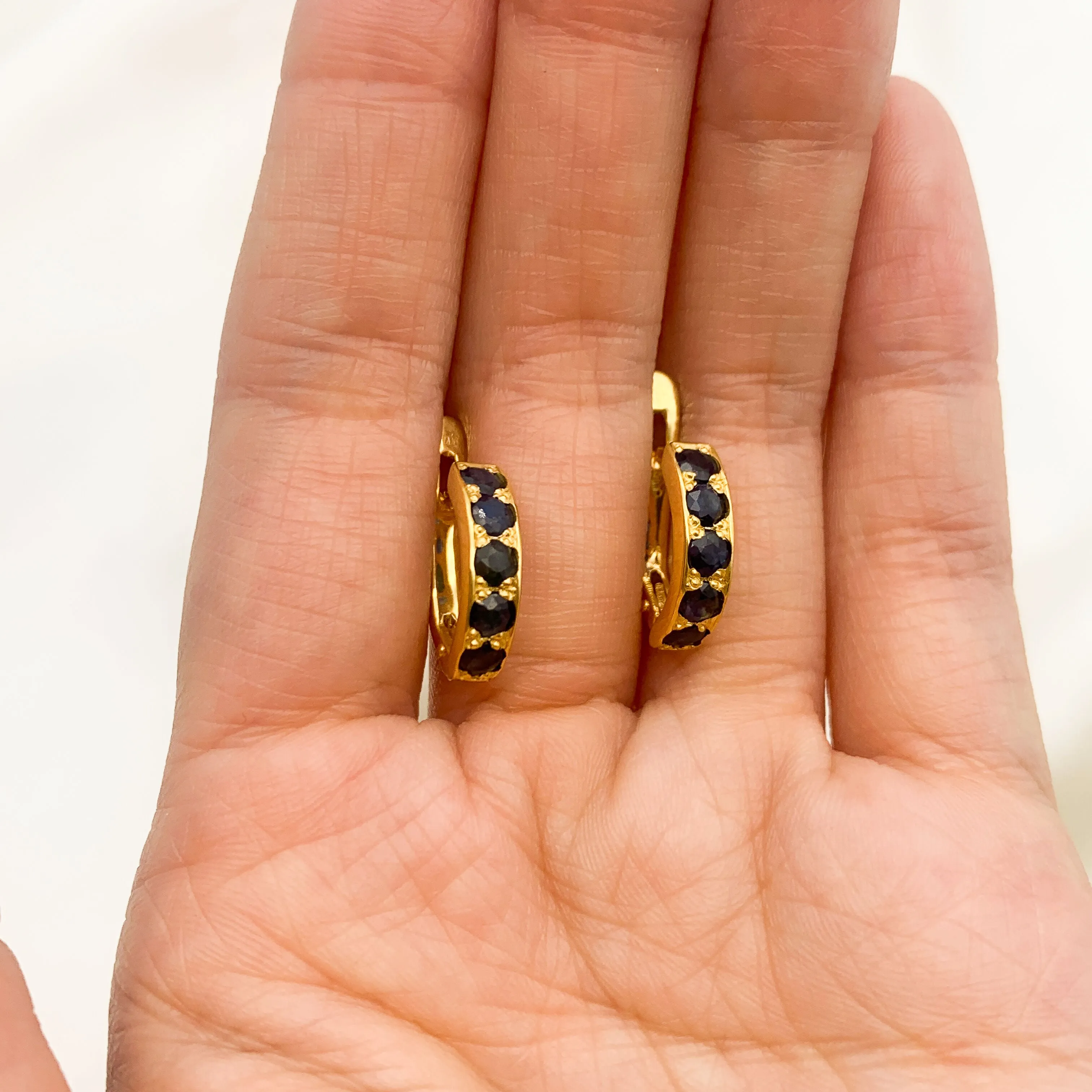 Gold Sapphire Huggies - Gold Hoop Earrings - Dainty Blue Hoops