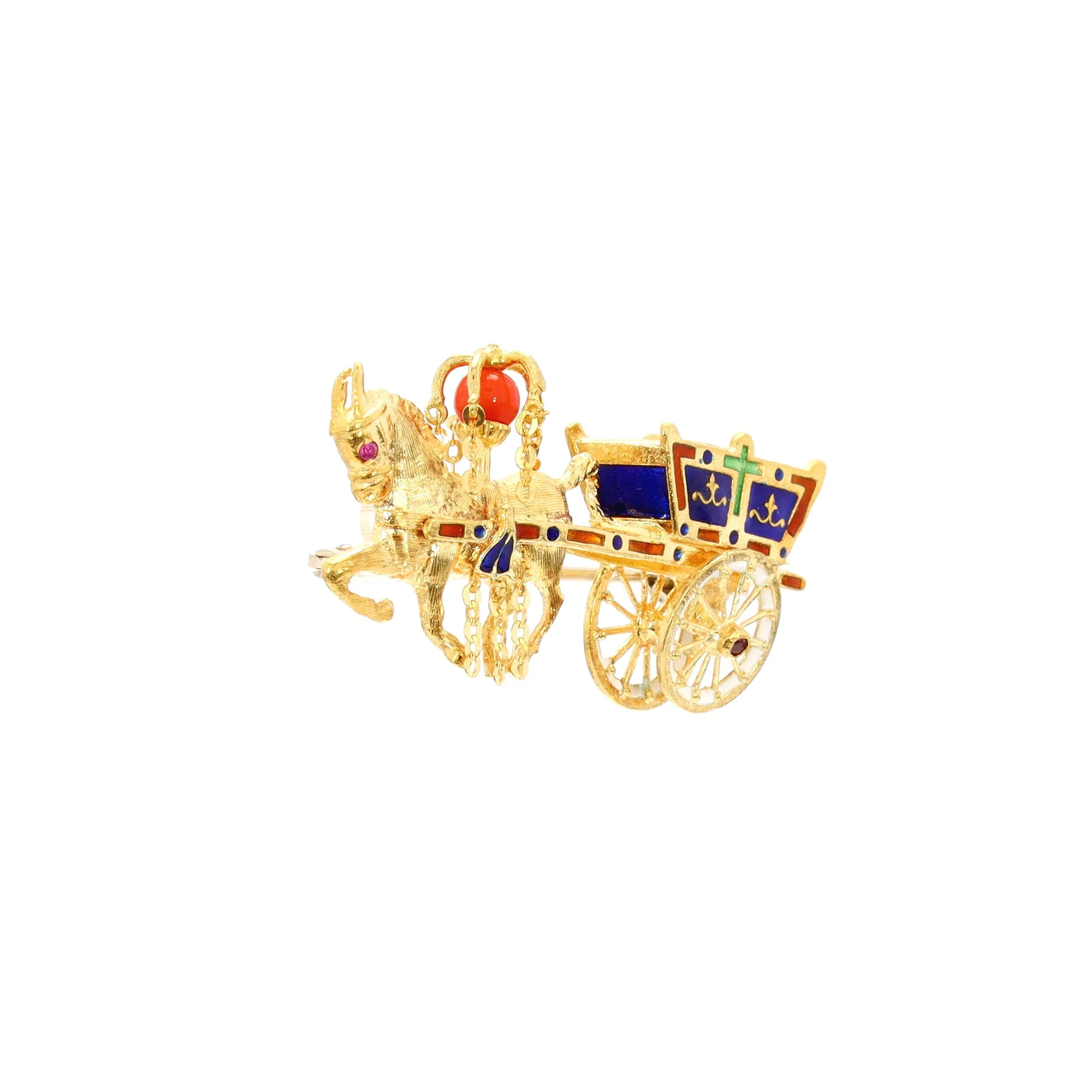 Horse-drawn Chariot Pin with Rubies and Coral Bead