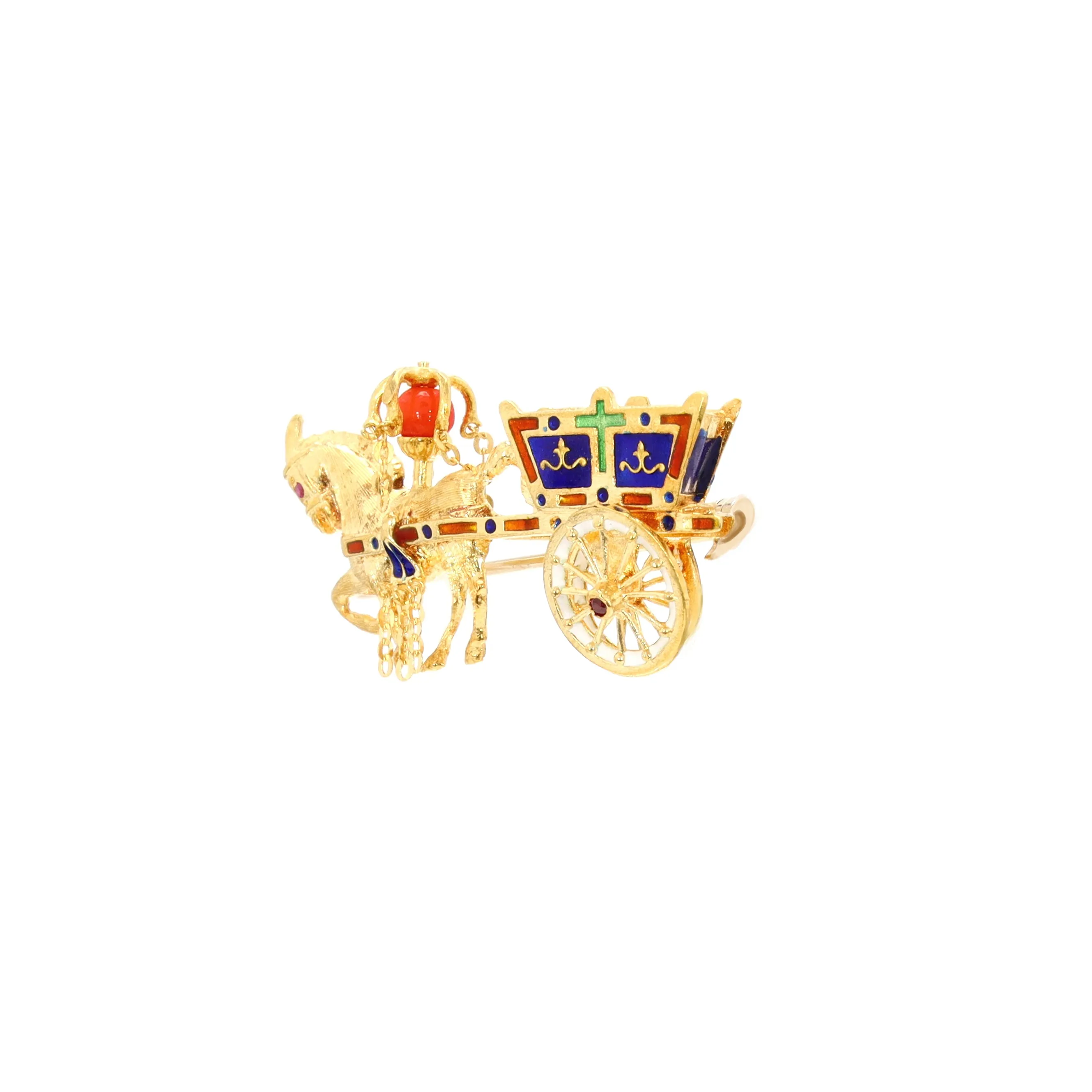 Horse-drawn Chariot Pin with Rubies and Coral Bead