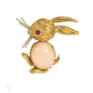 Italian gold and coral bunny brooch