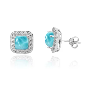Larimar  Stud Earrings with 32 Round Shape White Topaz Stones