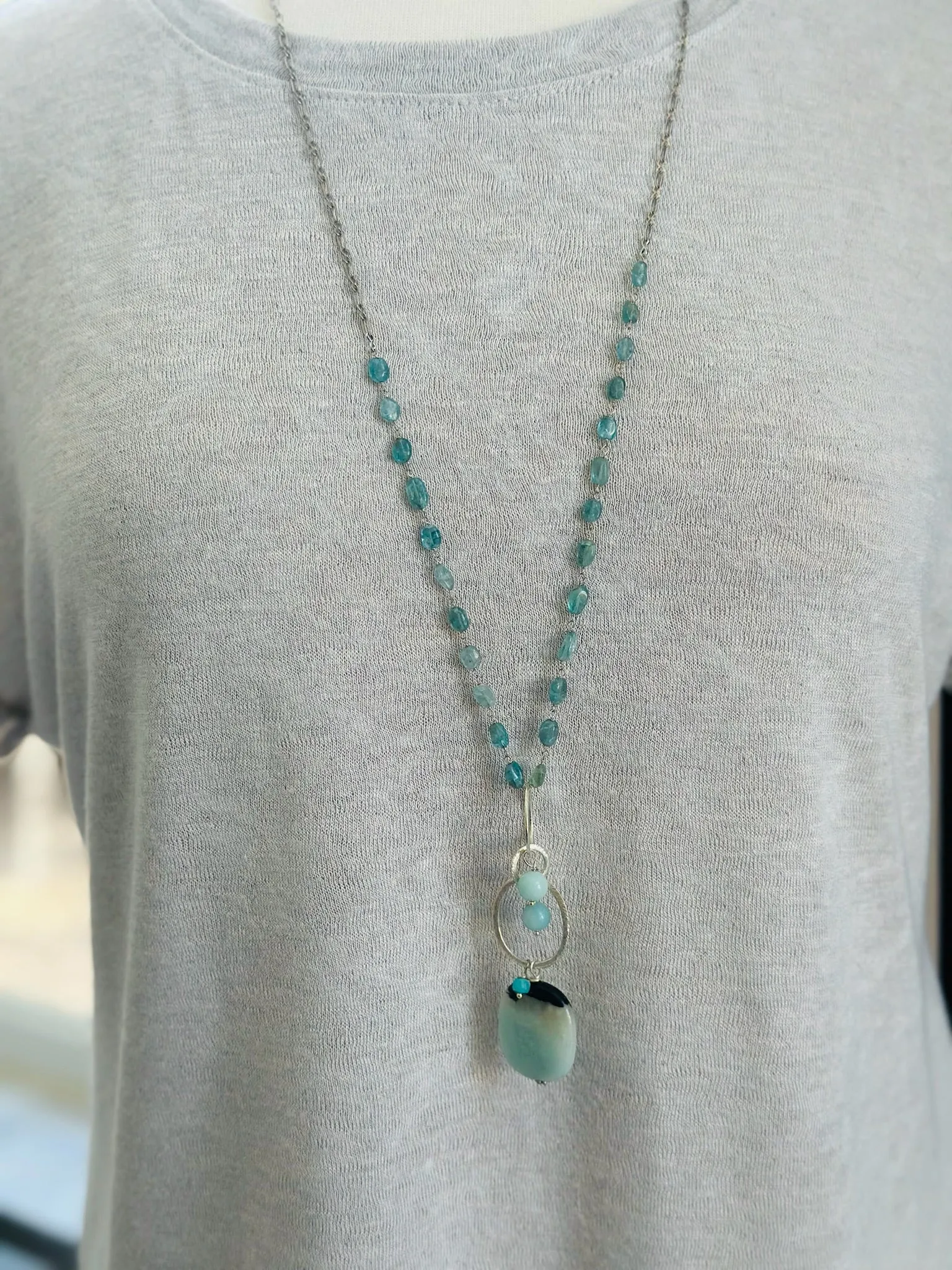 Long Amazonite Aquamarine nh necklace -silver