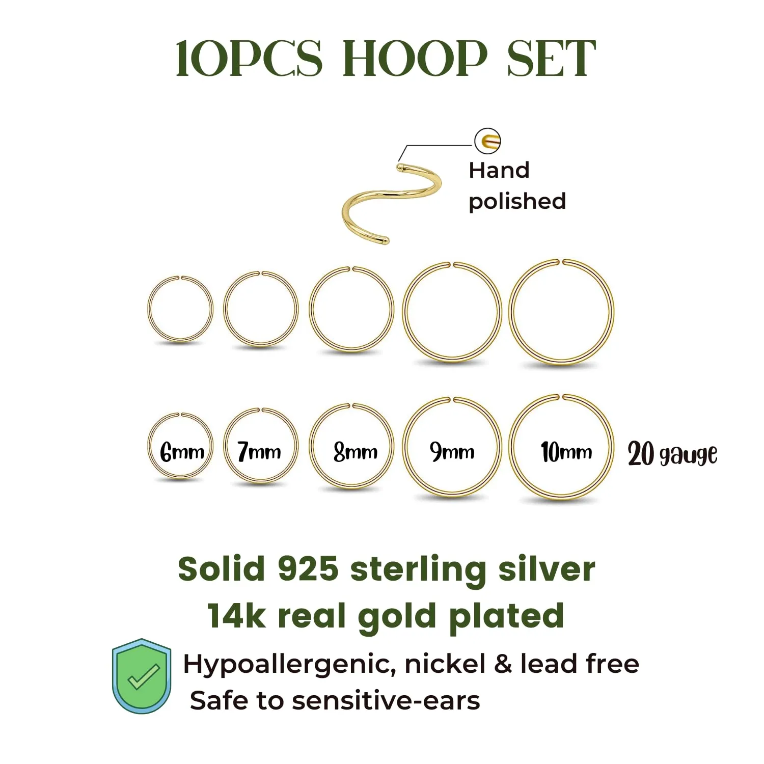 LUCKYJEWUS 5 Pairs Handmade Small 925 Sterling Silver Nose Rings Hoop Earrings Set for Women 18k Gold Hoops Cartilage Tragus Septum Helix Thin Multiple Piercing Jewelry 6mm 7mm 8mm 9mm 10mm