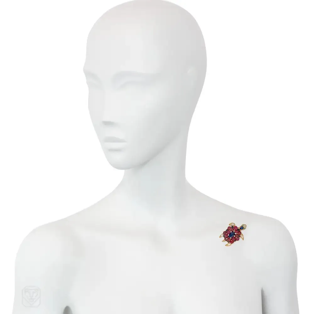 Mid-century gold and gemset turtle brooch