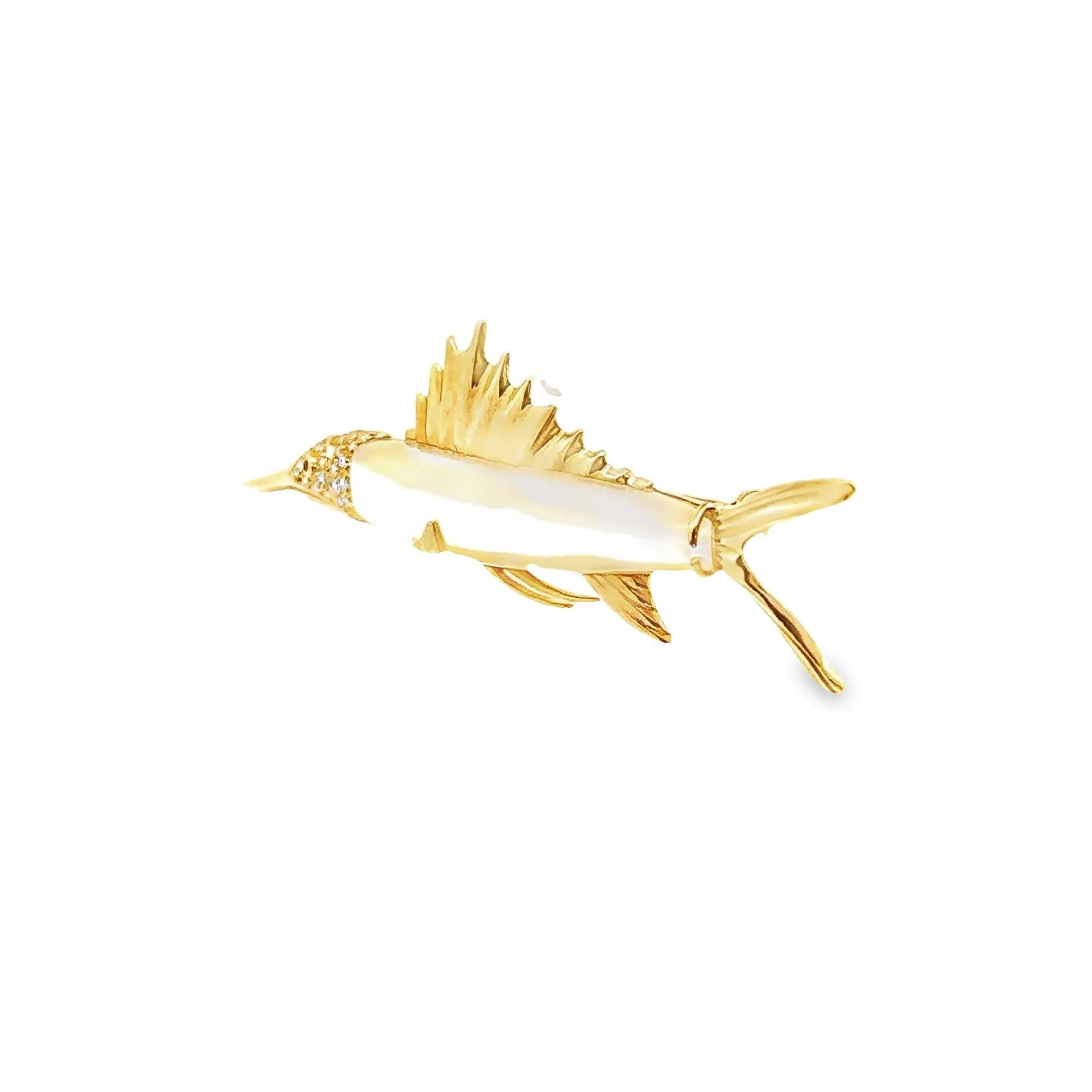 Mother-of-Pearl Diamond 18k Yellow Gold Marlin Fish Brooch