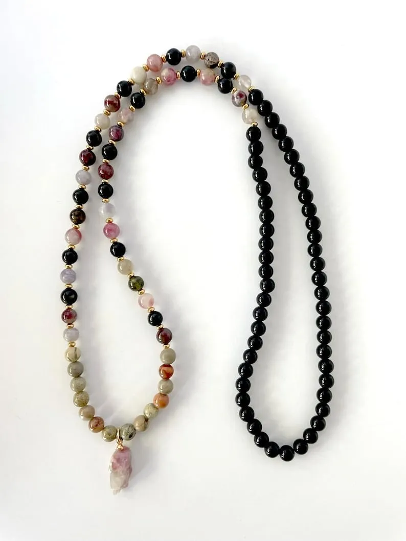 Natural Black Onyx, Emperor Jasper, Watermelon Tourmaline 6mm 108 Mala Beads, Spiritual, Meditation Beads, Reiki, Japa Mala, Buddhist Prayer Beads, Yoga Bracelet, healing beads LKMALA-RRGU-3365